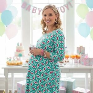 NWT PINKBLUSH Maternity Geometric Midi Dress in Mint Green, Cream & Pink Sz:S